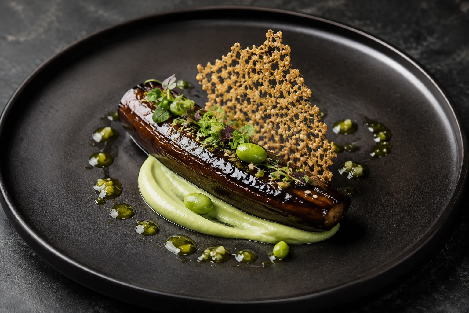 Miso-glazed aubergine on edamame silk with sesame lace and ginger scallion oil on a dark plate