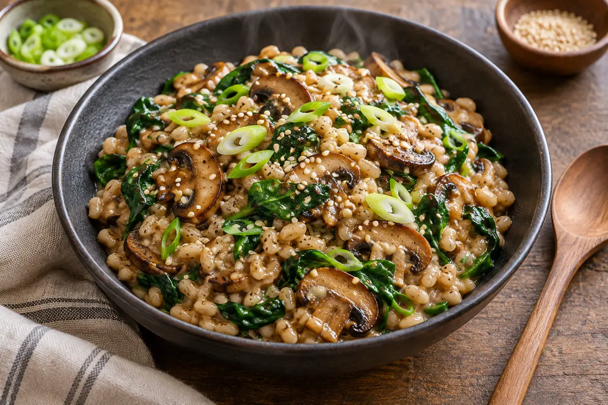 Creamy vegan miso mushroom barley skillet with spinach, scallions and sesame seeds in a dark ceramic bowl