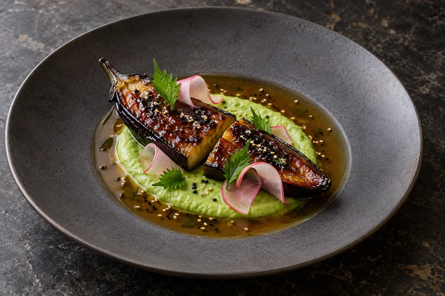 Miso-lacquered Japanese eggplant over green edamame purée with clear ginger broth, pink pickled radish, sesame and shiso on a charcoal plate