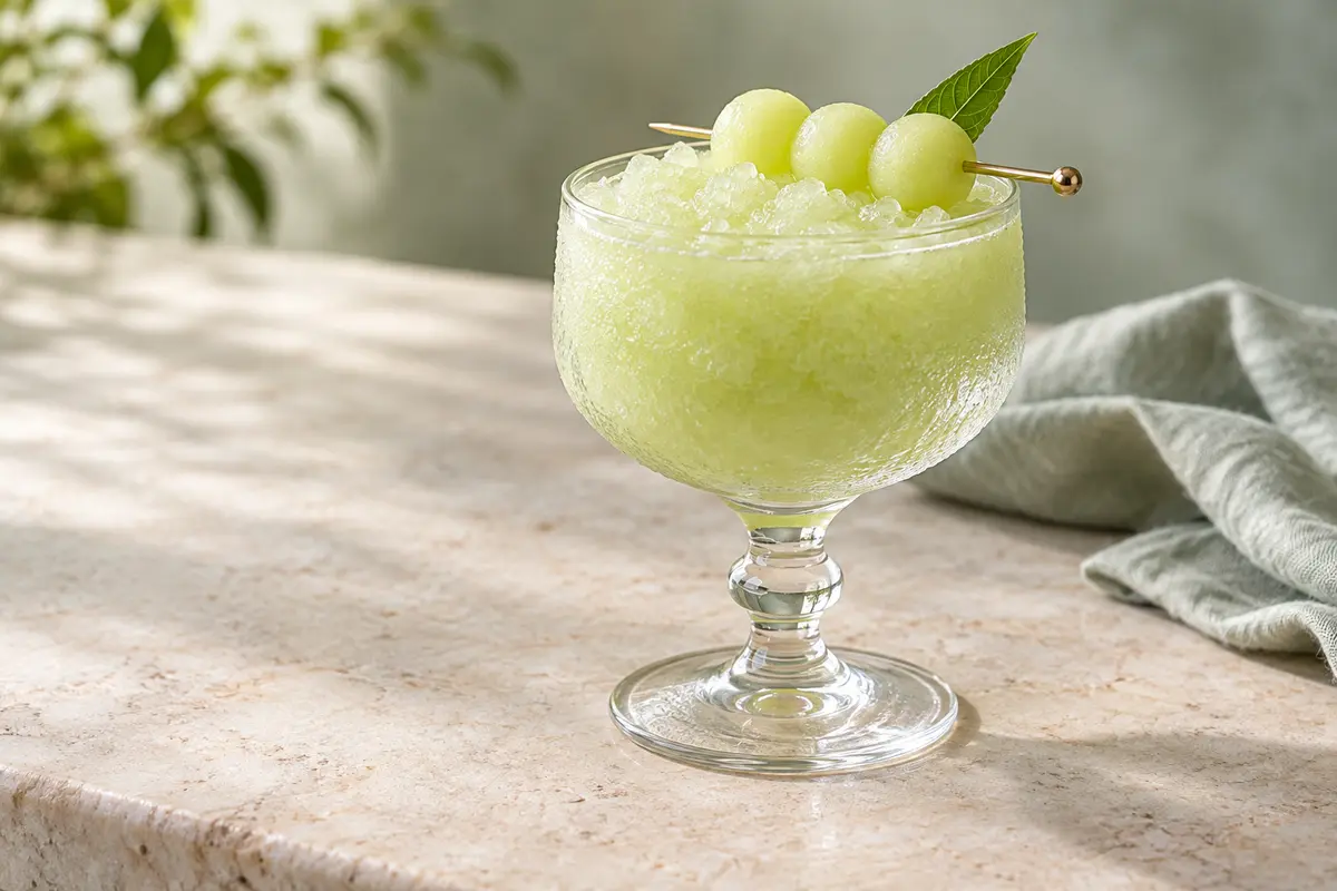 Pale-jade frozen honeydew and lemon verbena mocktail in a frosted footed goblet with melon-ball garnish