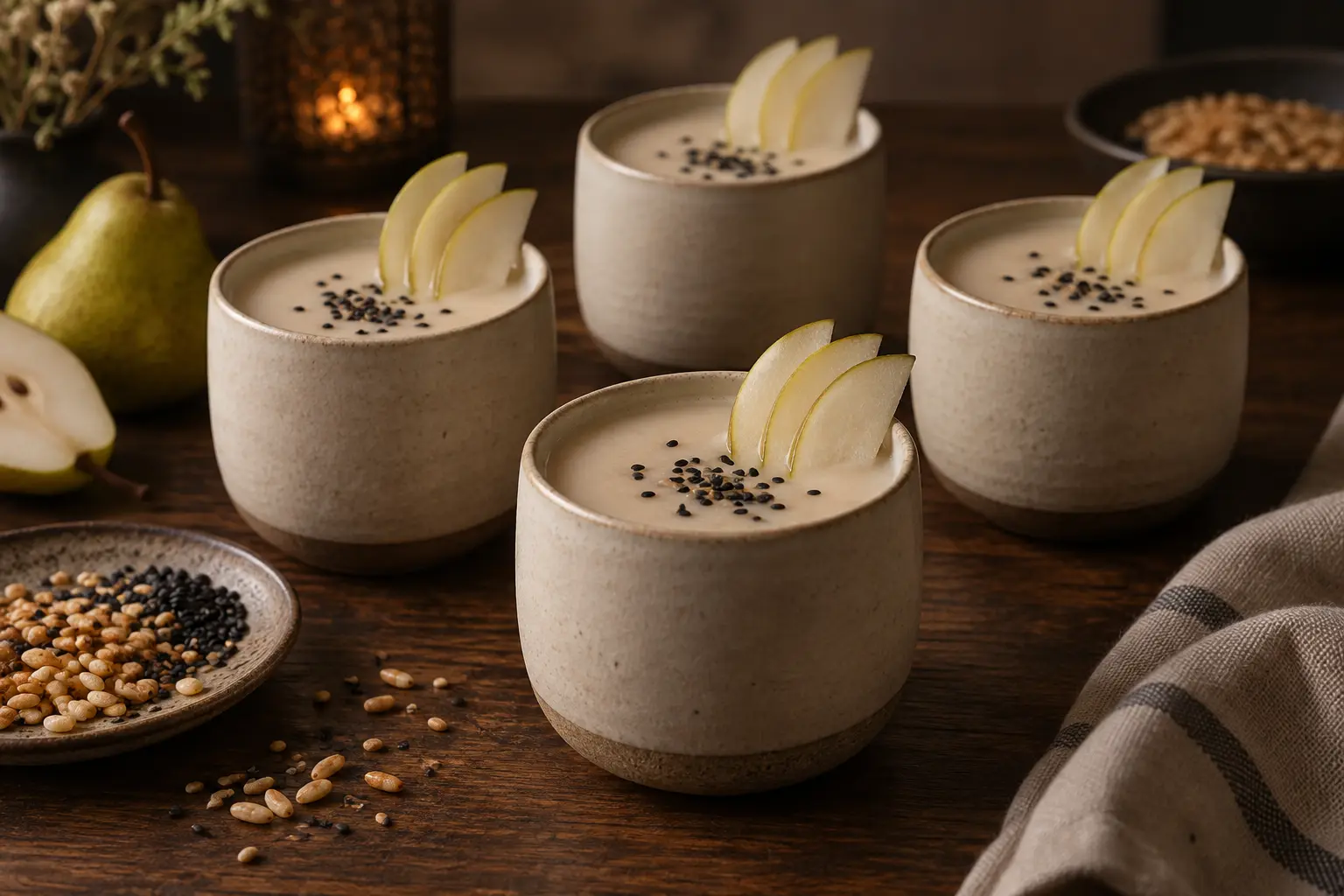 Creamy vegan toasted rice and pear horchata in small ceramic tumblers with fresh pear fans and black sesame garnish