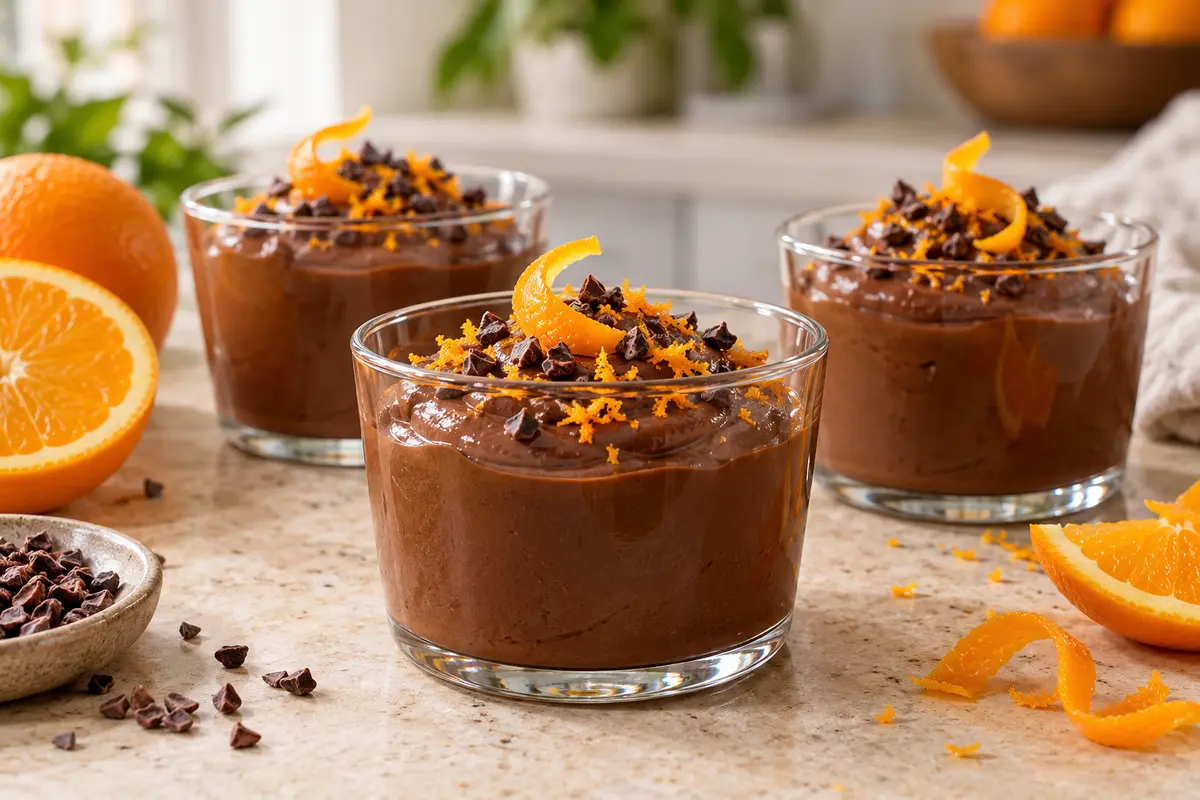 Vegan chocolate-orange avocado mousse in glass cups topped with orange zest and cacao nibs