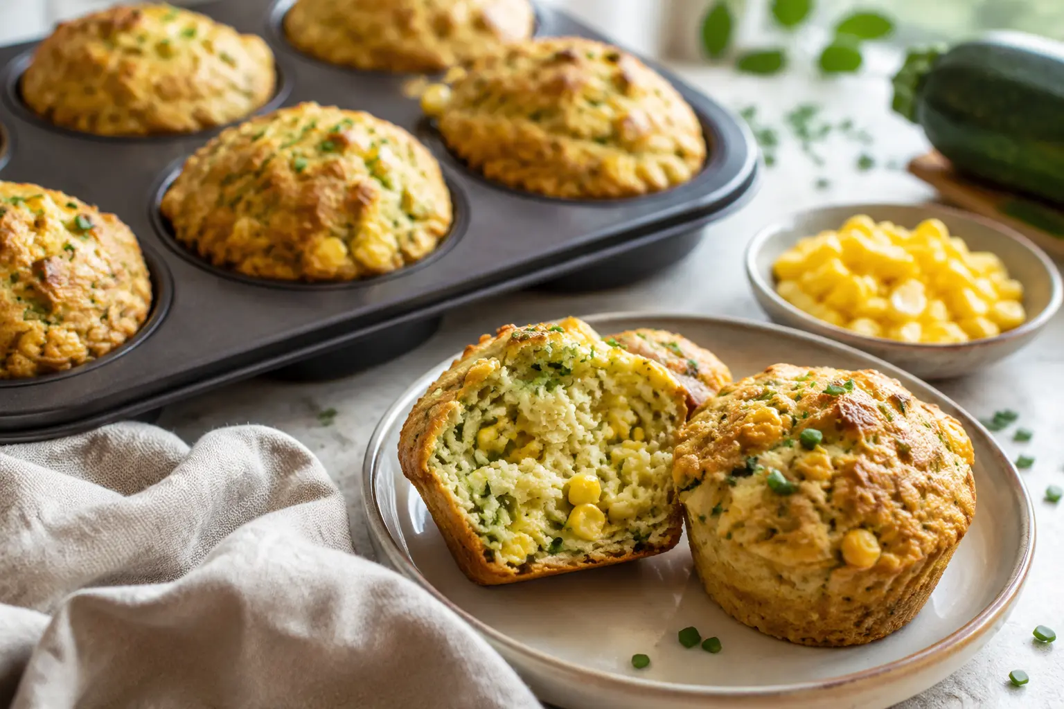 Golden vegan zucchini-corn muffins with chives in a muffin tin and on a ceramic plate