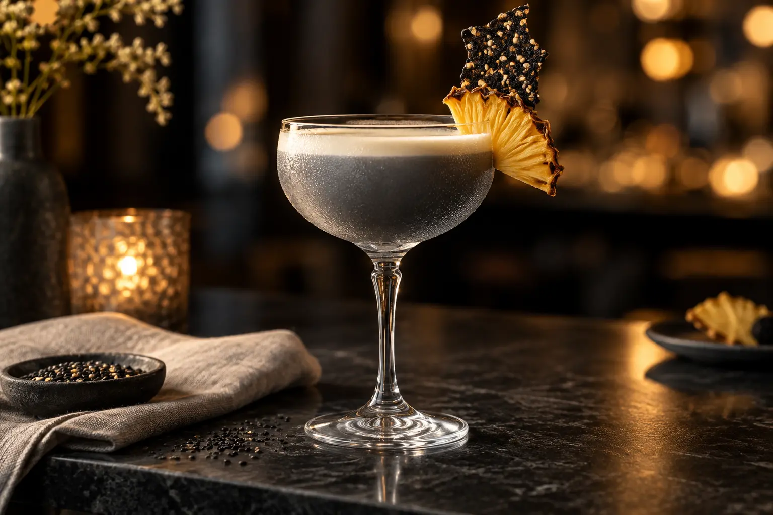 Black sesame pineapple mocktail in a chilled stemmed glass with dried pineapple and sesame brittle