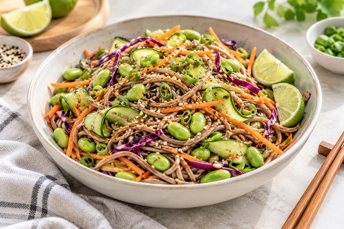Vegan sesame-lime soba noodle salad with edamame, cucumber, carrots, red cabbage, scallions and toasted sesame seeds