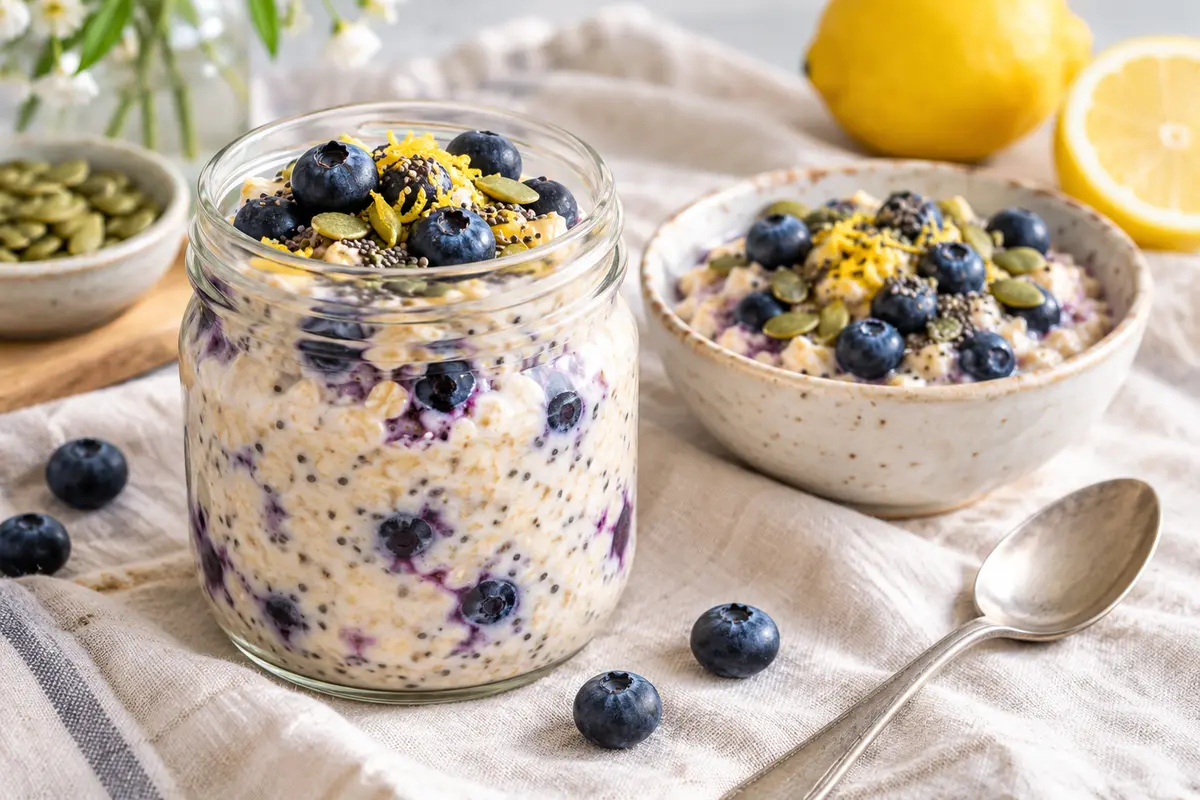 Lemon-blueberry overnight oats in a glass jar and ceramic bowl topped with fresh blueberries, chia seeds, pumpkin seeds and lemon zest.
