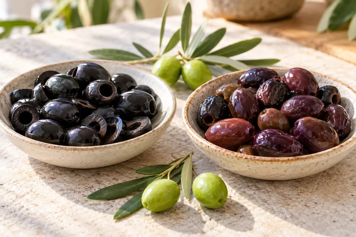 Two bowls compare uniform glossy black ripe olives with naturally dark brined olives in purple, burgundy and brown tones beside fresh green olives.