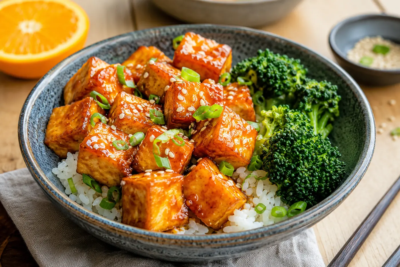 Sticky orange marmalade tofu rice bowl with steamed broccoli and green onions