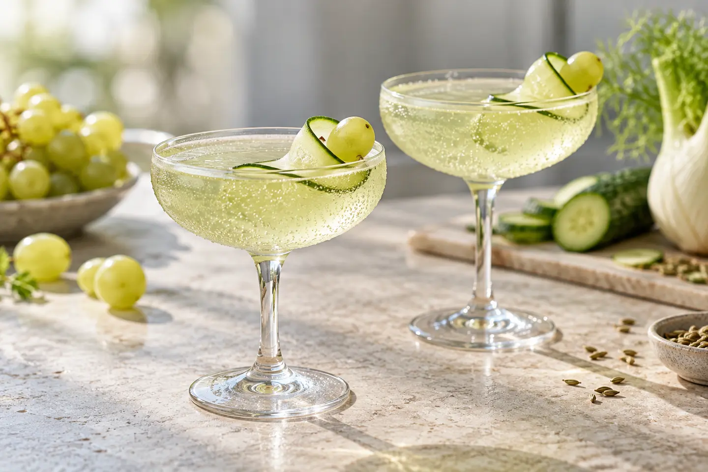 Two pale green grape and fennel sparkling mocktails in chilled coupe glasses with cucumber ribbons and green grape garnishes