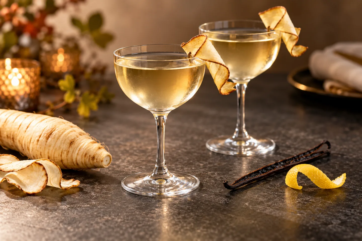 Two pale-gold clarified roasted parsnip and vanilla vegan mocktails in chilled Nick and Nora glasses with crisp parsnip ribbon garnishes