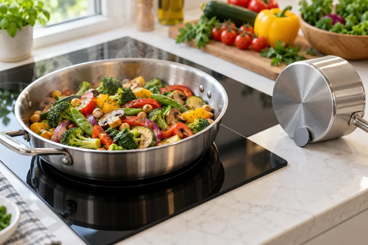 Stainless steel pan of colourful vegan vegetables cooking on a black induction cooktop beside a magnetic cookware compatibility test