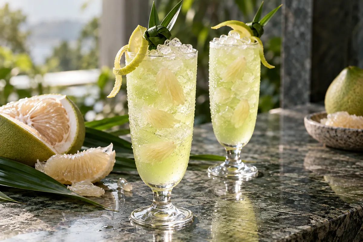 Two pale green pomelo and pandan mocktails in footed pilsner glasses with pebble ice, pomelo peel and knotted pandan garnish