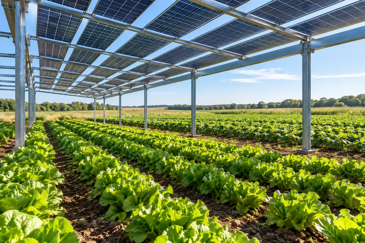 Rows of green lettuce growing beneath elevated semi-transparent solar panels with alternating bands of sunlight and shade