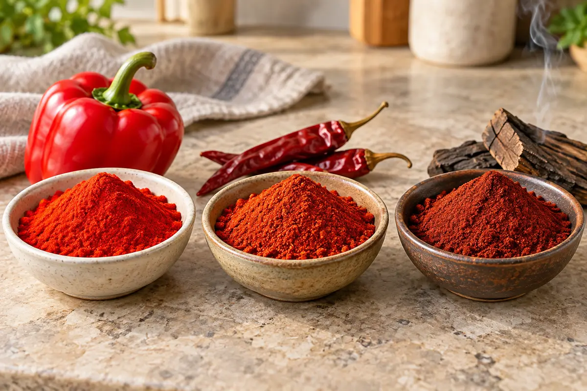 Three bowls comparing bright sweet paprika, warm hot paprika and deep smoked paprika beside red peppers, dried chiles and smoking wood