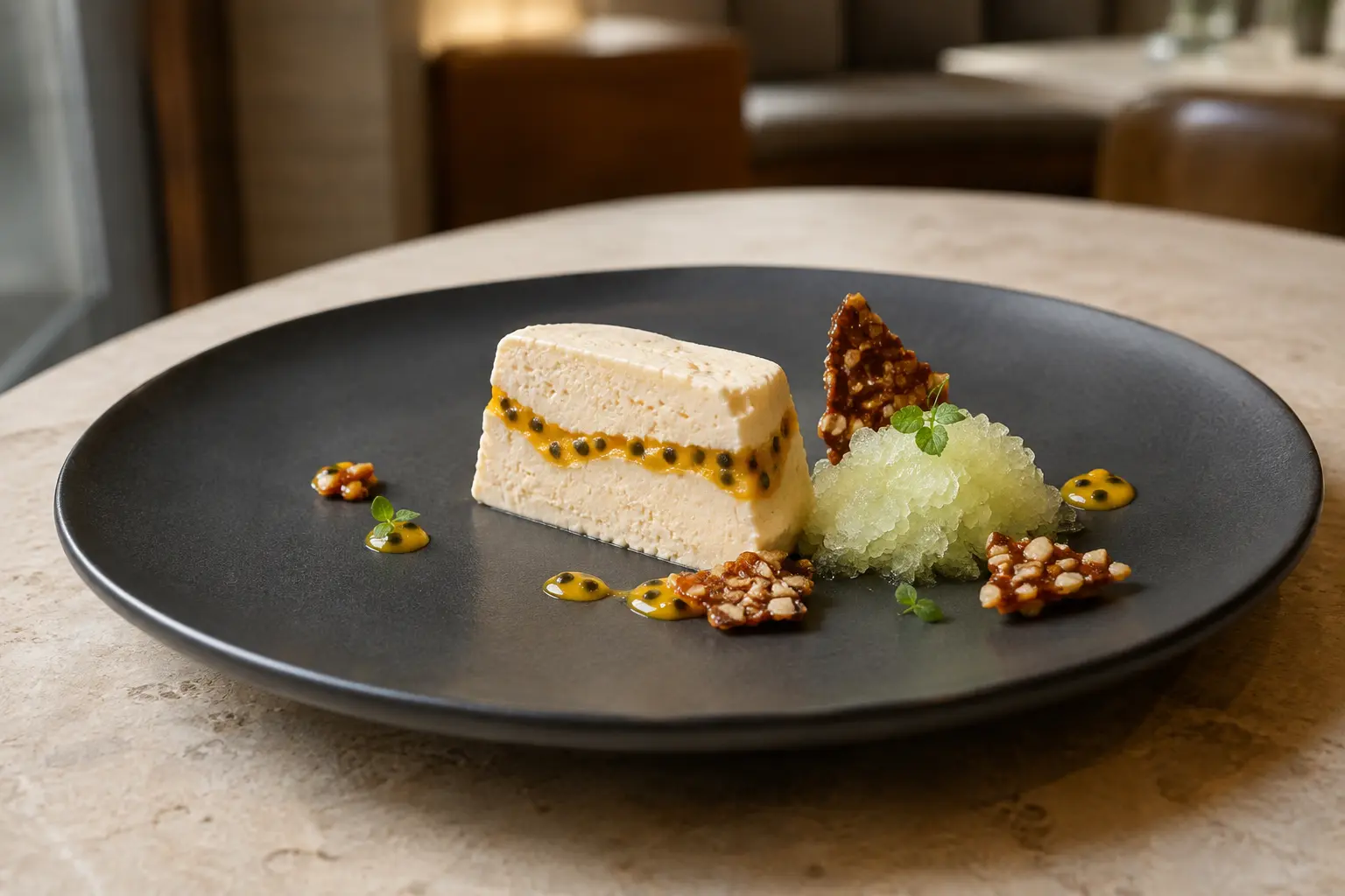 Vegan passionfruit lemongrass semifreddo with lime granita and macadamia praline on a charcoal plate