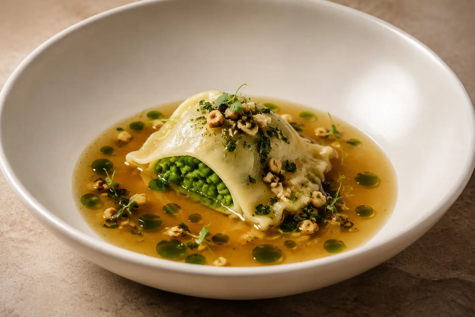 Vegan pea and mint raviolo in charred leek broth with mint oil, pea shoots and hazelnut gremolata