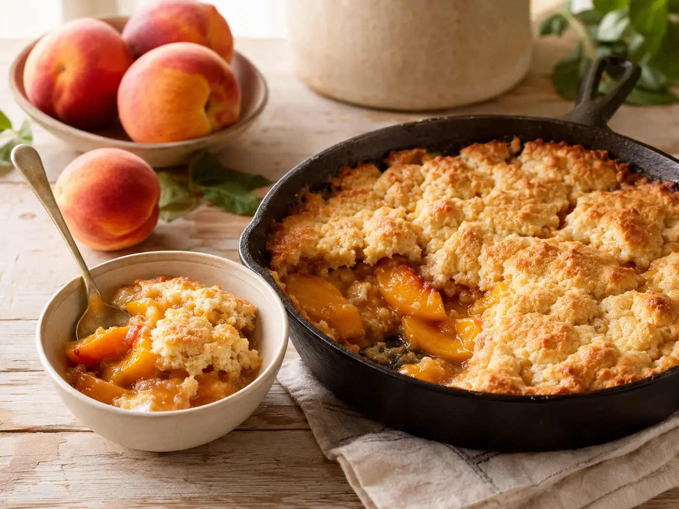Golden vegan peach cobbler baked in a cast-iron skillet with a serving of juicy peaches and biscuit topping in a ceramic bowl