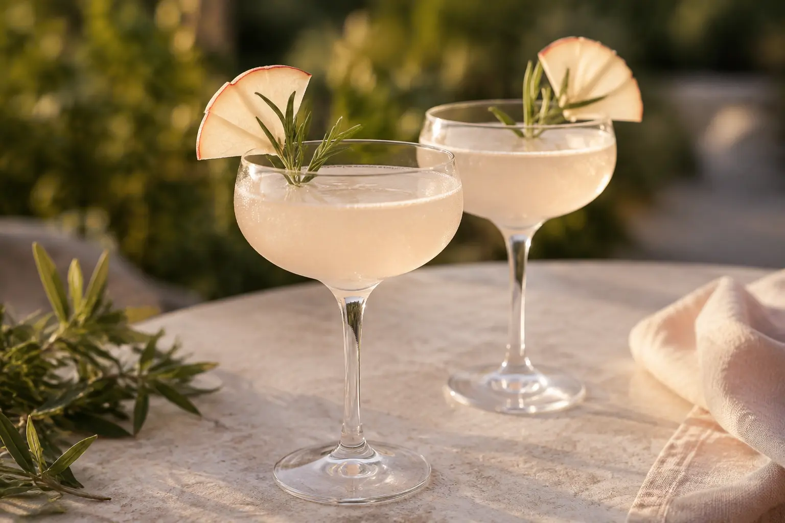 Two pale blush white peach and tarragon vegan mocktails in coupe glasses with peach fan garnishes at golden hour