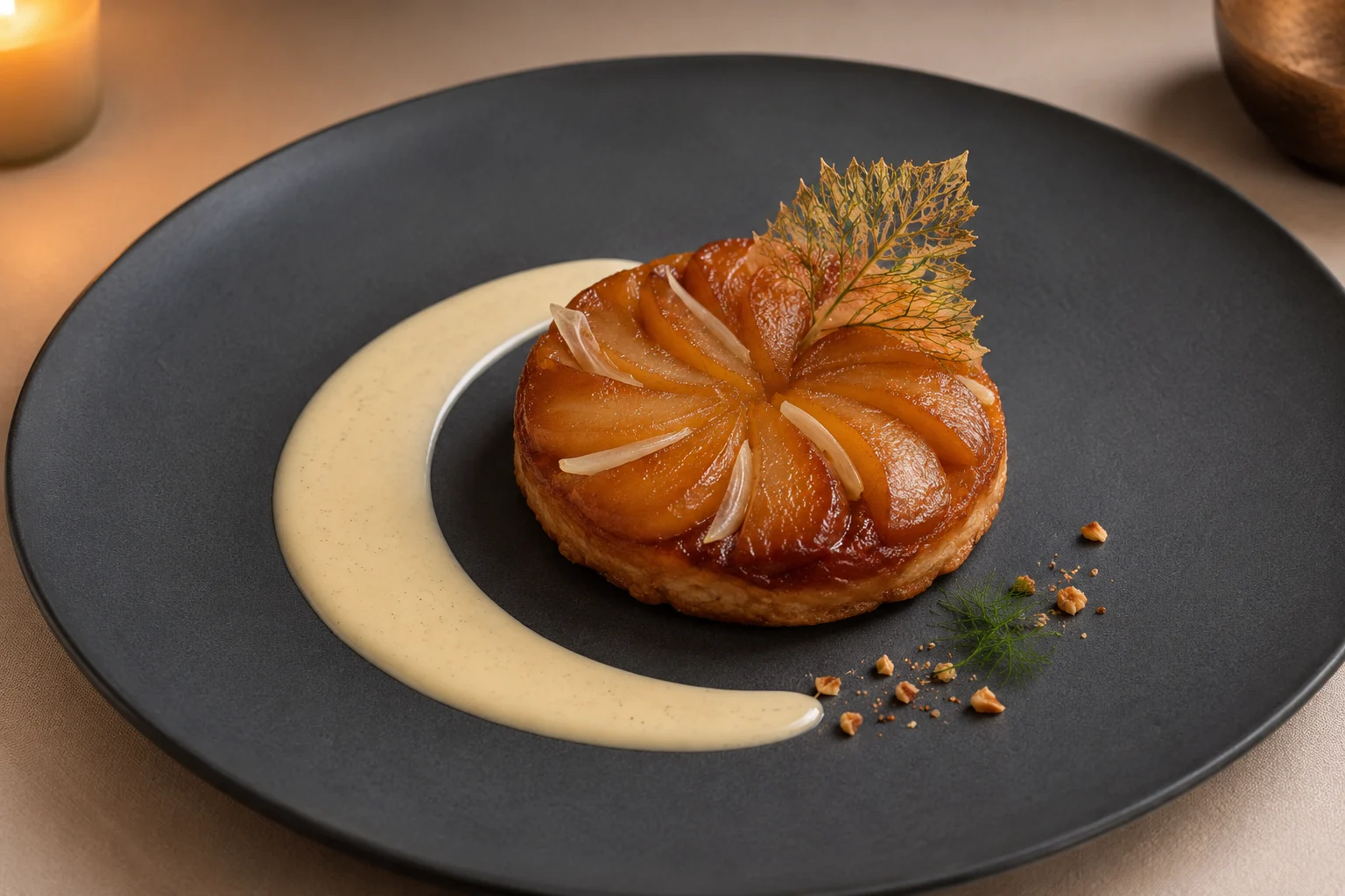 Individual vegan pear and fennel tarte Tatin with vanilla oat crème anglaise, hazelnut crumbs and crisp fennel garnish