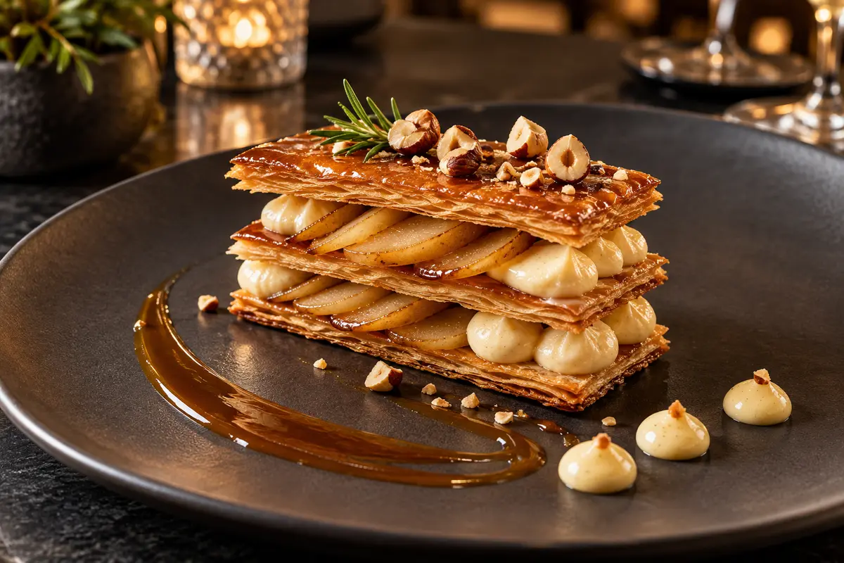 Vegan pear and hazelnut mille-feuille with bay custard and rosemary caramel on a charcoal plate