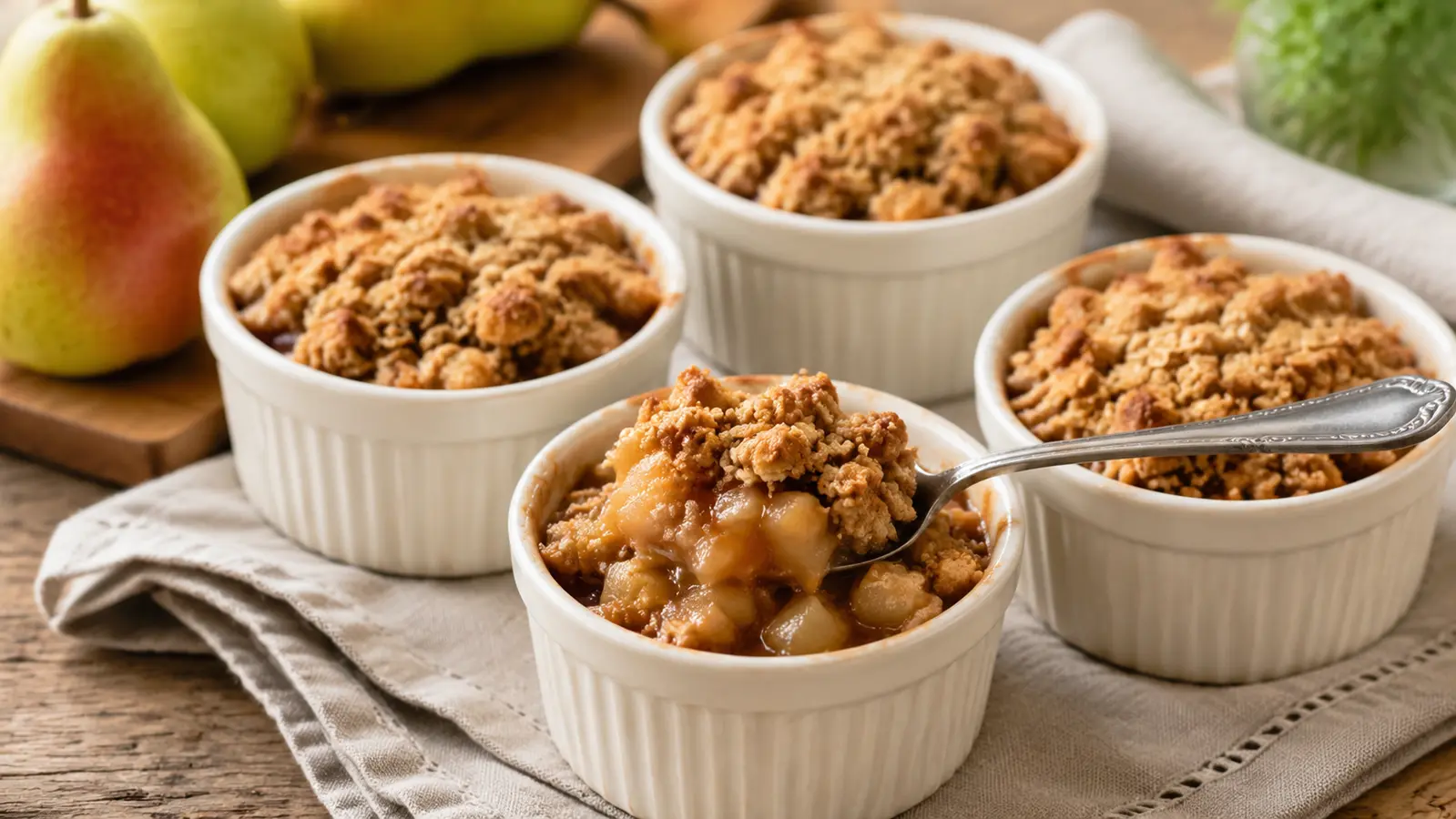 Four vegan cinnamon pear crumble cups with golden oat topping and a spoonful of juicy pear filling