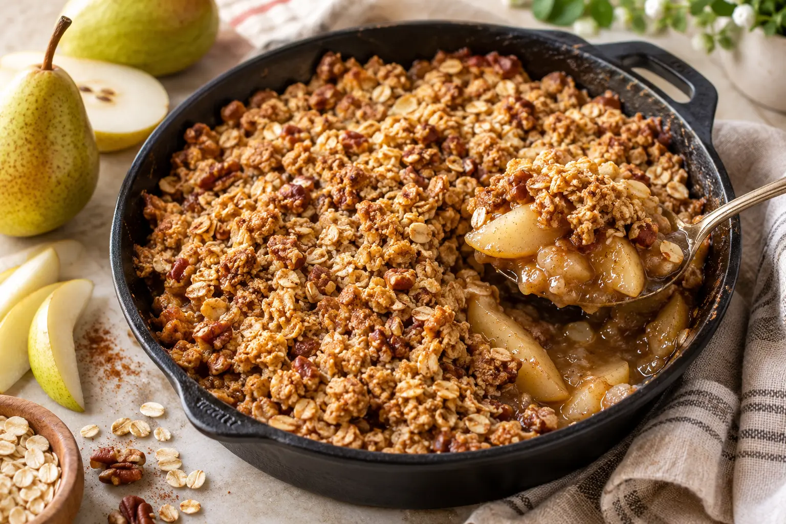 Vegan maple pear oat crumble baked in a black skillet with a spoon lifting tender pear slices beneath the golden topping