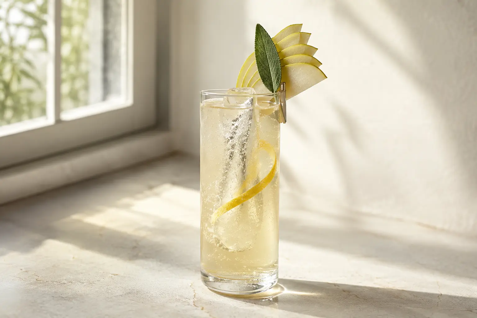 Pale sparkling pear and sage Collins with clear ice, a pear fan, sage leaf and lemon peel