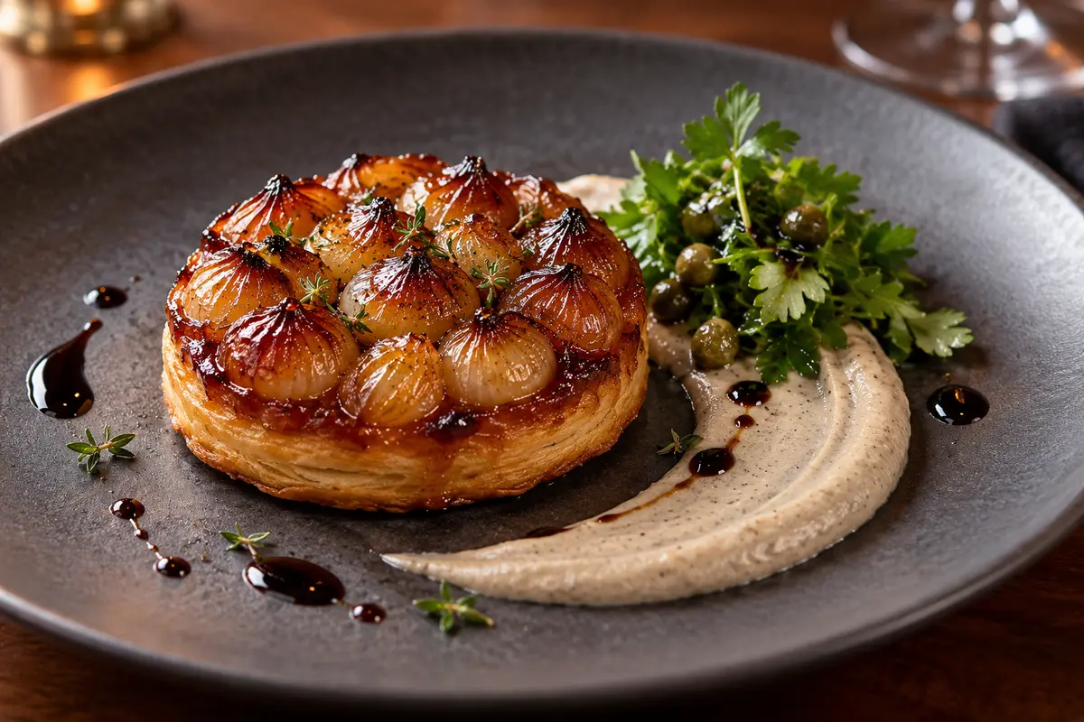 Pearl onion tarte tatin plated with smoked lentil cream, parsley-caper salad and balsamic glaze on dark stoneware