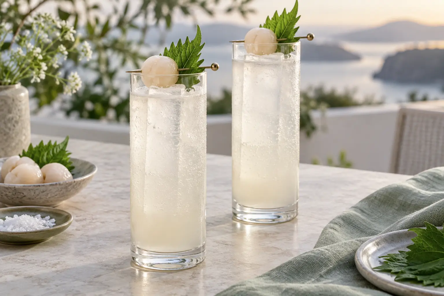 Two pale sparkling lychee and shiso mocktails in tall Collins glasses with clear ice spears and fresh green leaf garnishes