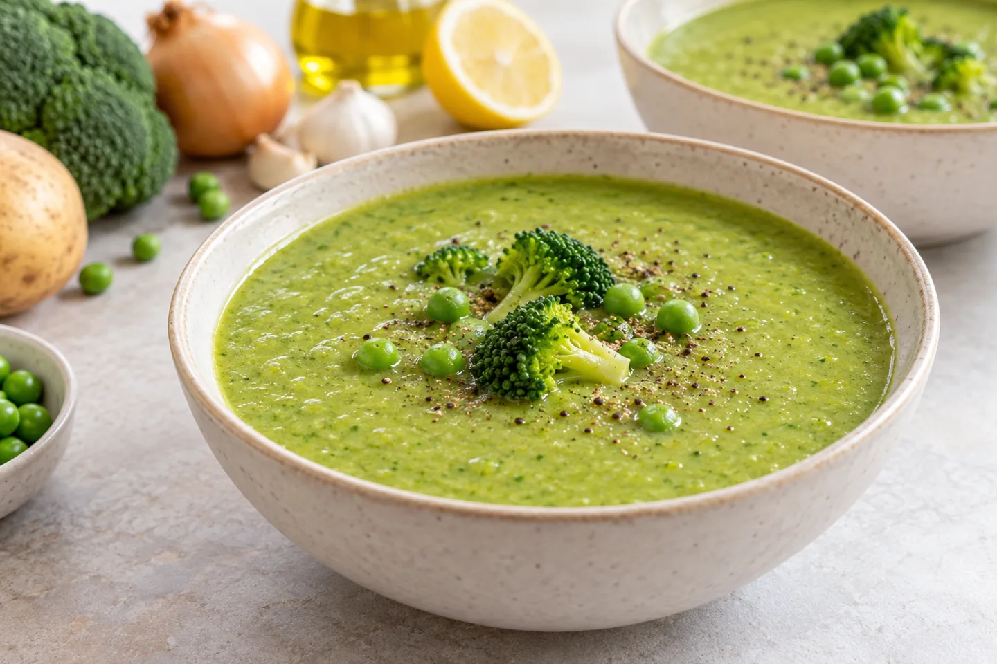 Creamy green broccoli and pea soup in a ceramic bowl, topped with tender broccoli florets, green peas and black pepper.