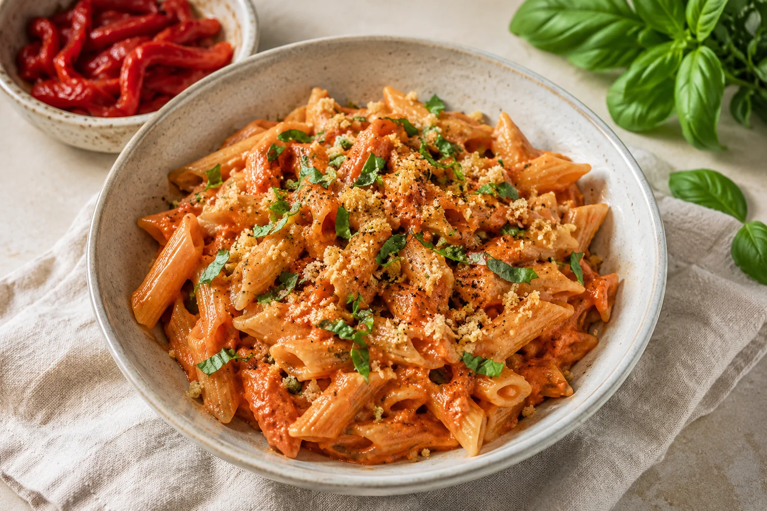 Creamy vegan roasted red pepper penne with basil and toasted breadcrumbs in a ceramic bowl