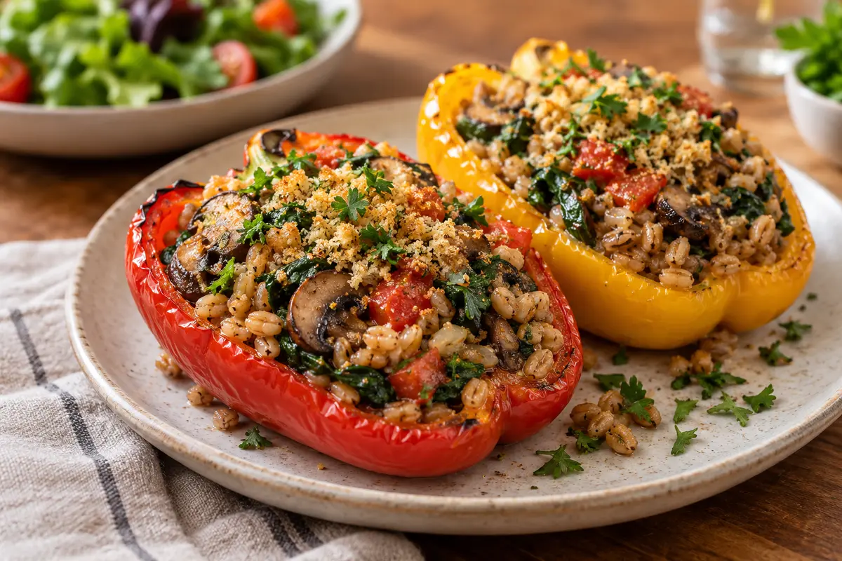 Vegan mushroom and farro stuffed red and yellow bell peppers with tomatoes, spinach, golden breadcrumbs and fresh parsley