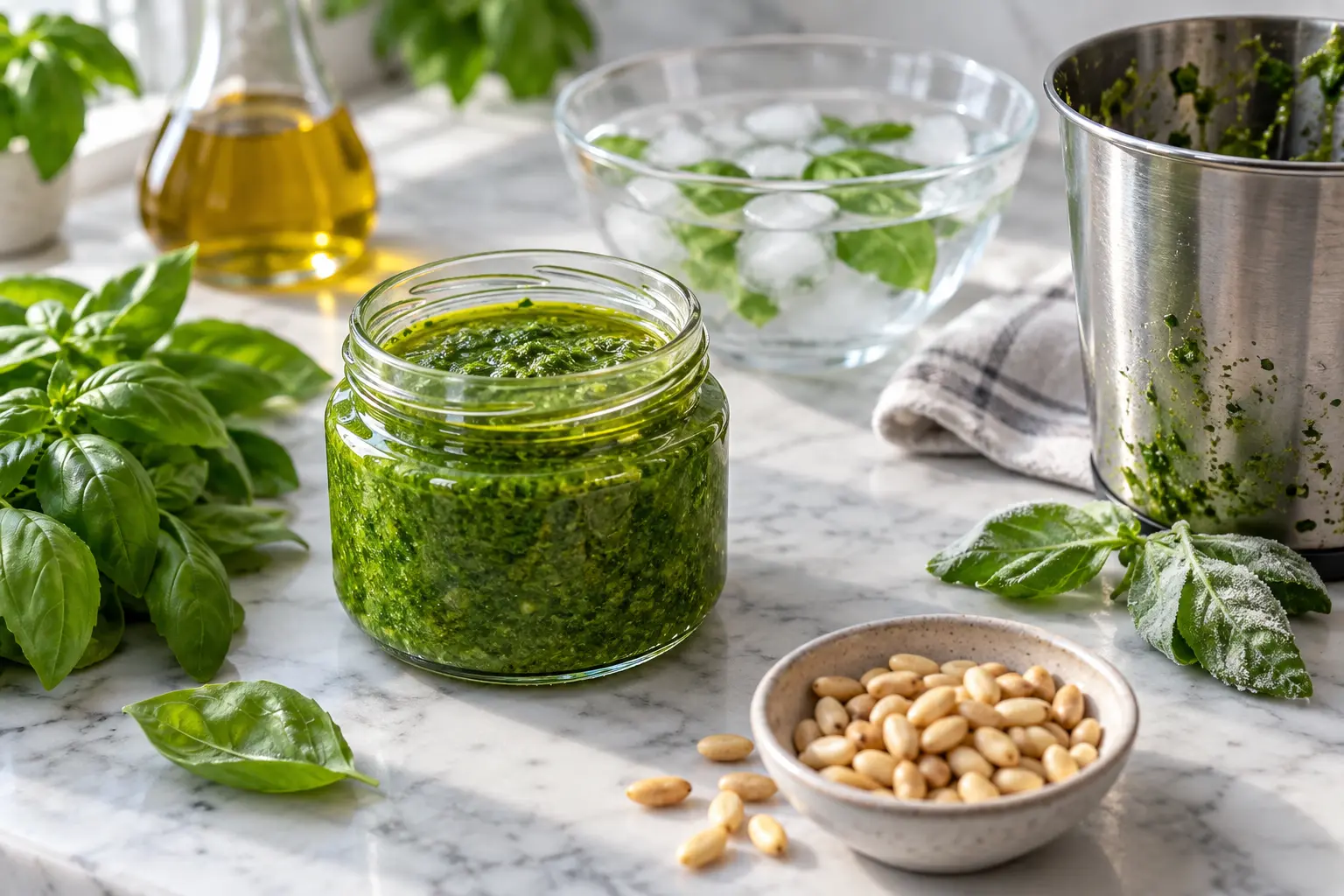 Bright green vegan basil sauce in a small glass jar with fresh basil, chilled ingredients and a thin protective layer of olive oil