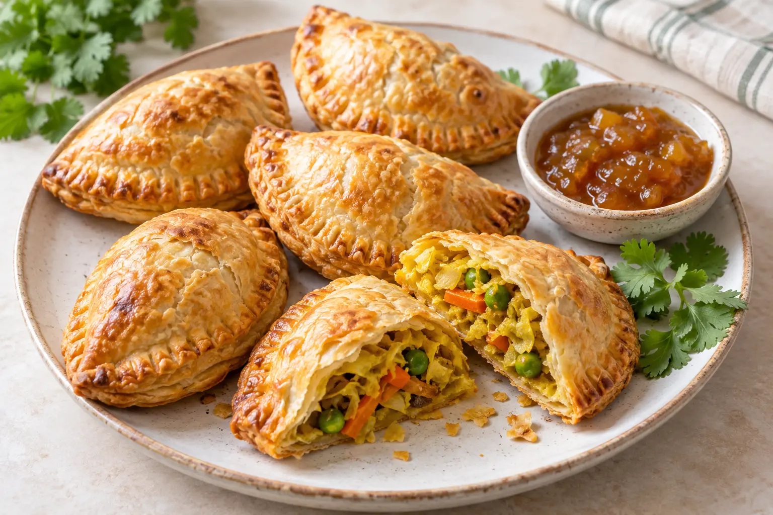Golden vegan curried cabbage and pea hand pies with one cut open beside mango chutney on a ceramic plate