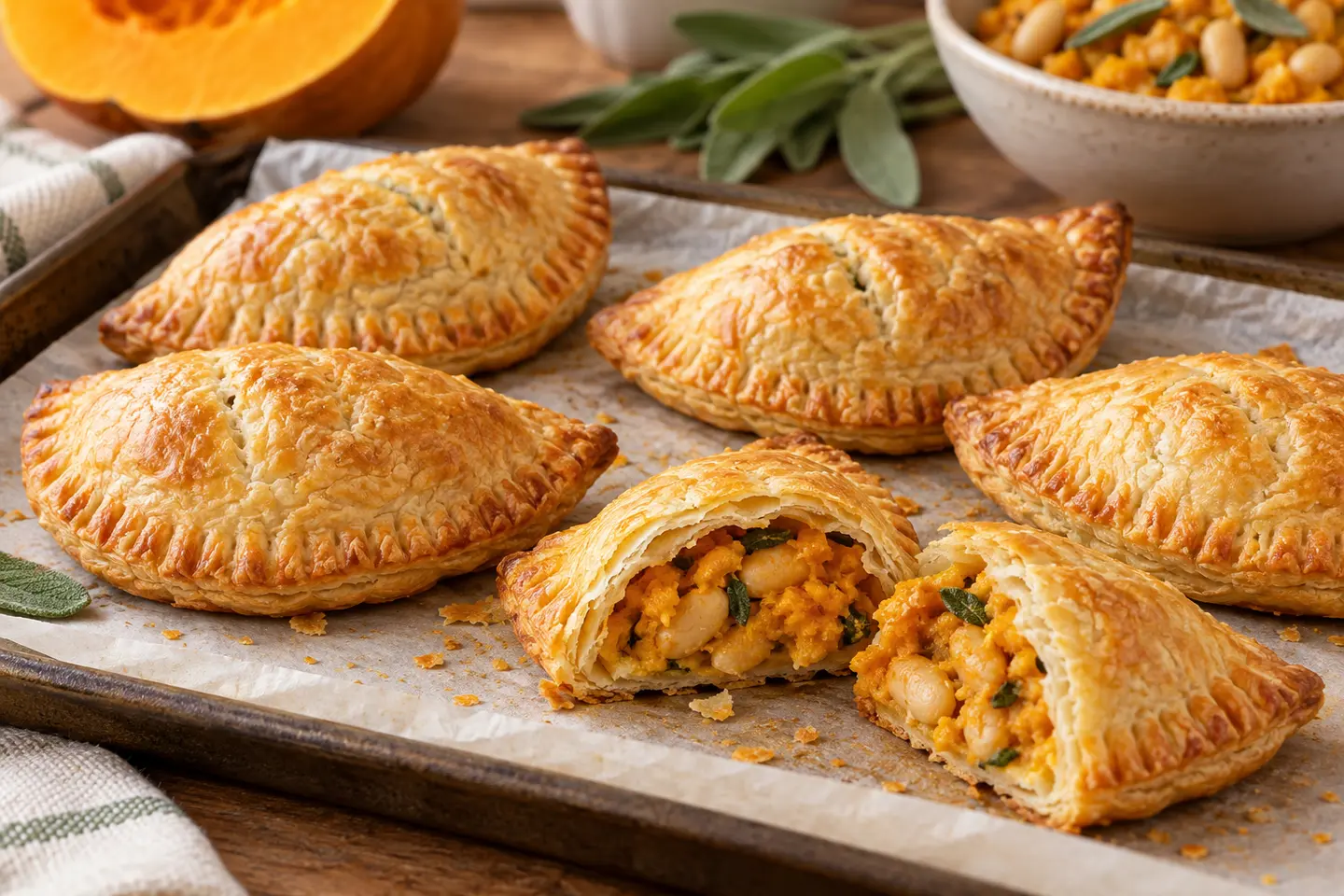 Golden vegan pumpkin-sage puff pastry pockets on a baking tray, with one cut open to show the creamy white bean filling