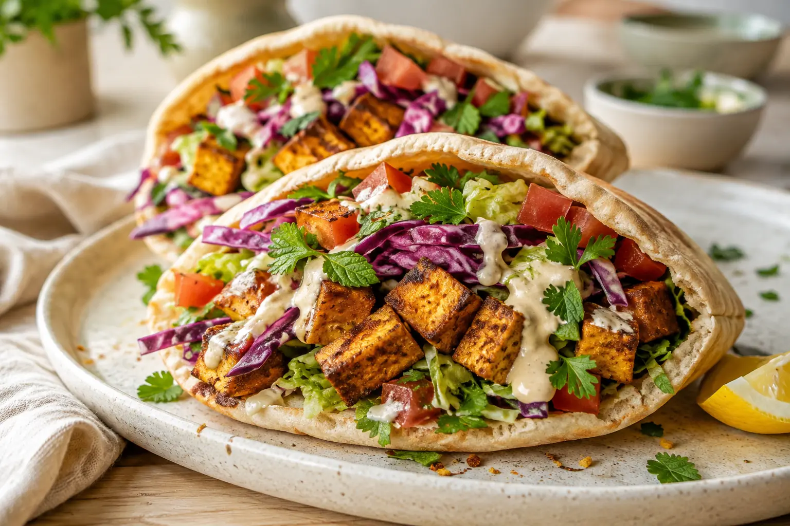 Crispy tofu shawarma pita pockets with red cabbage, tomato, parsley and lemon tahini sauce
