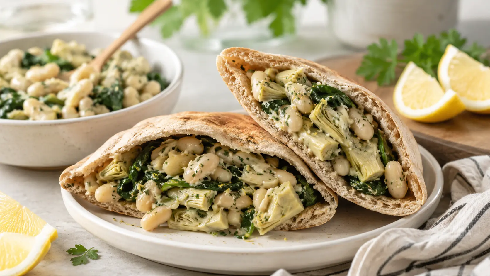 Warm whole-wheat pita pockets filled with lemony white beans, artichoke hearts, spinach and fresh herbs