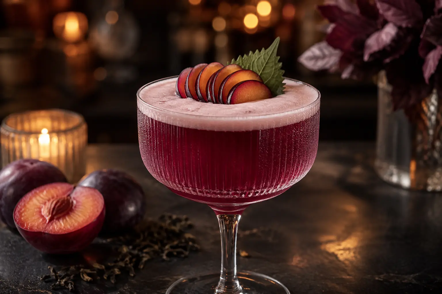 Ruby plum black tea mocktail in a chilled coupe with ginger foam, plum fan and shiso garnish