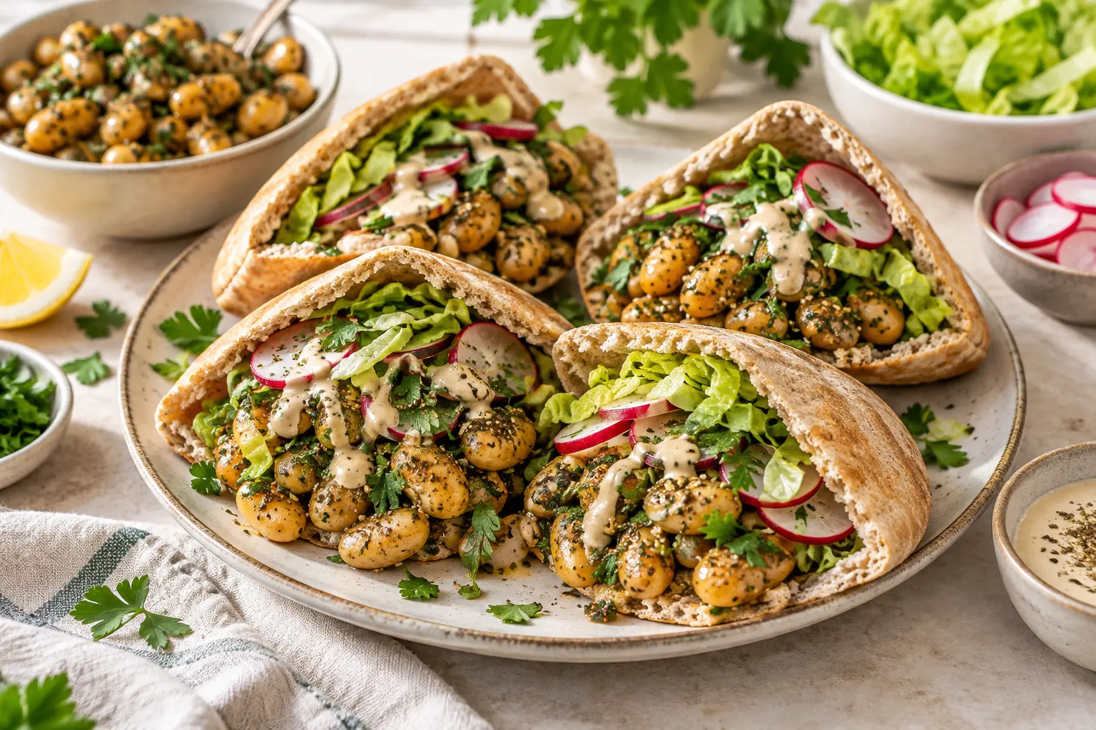 Za’atar butter bean pita pockets with romaine, radishes, parsley and lemon-tahini sauce