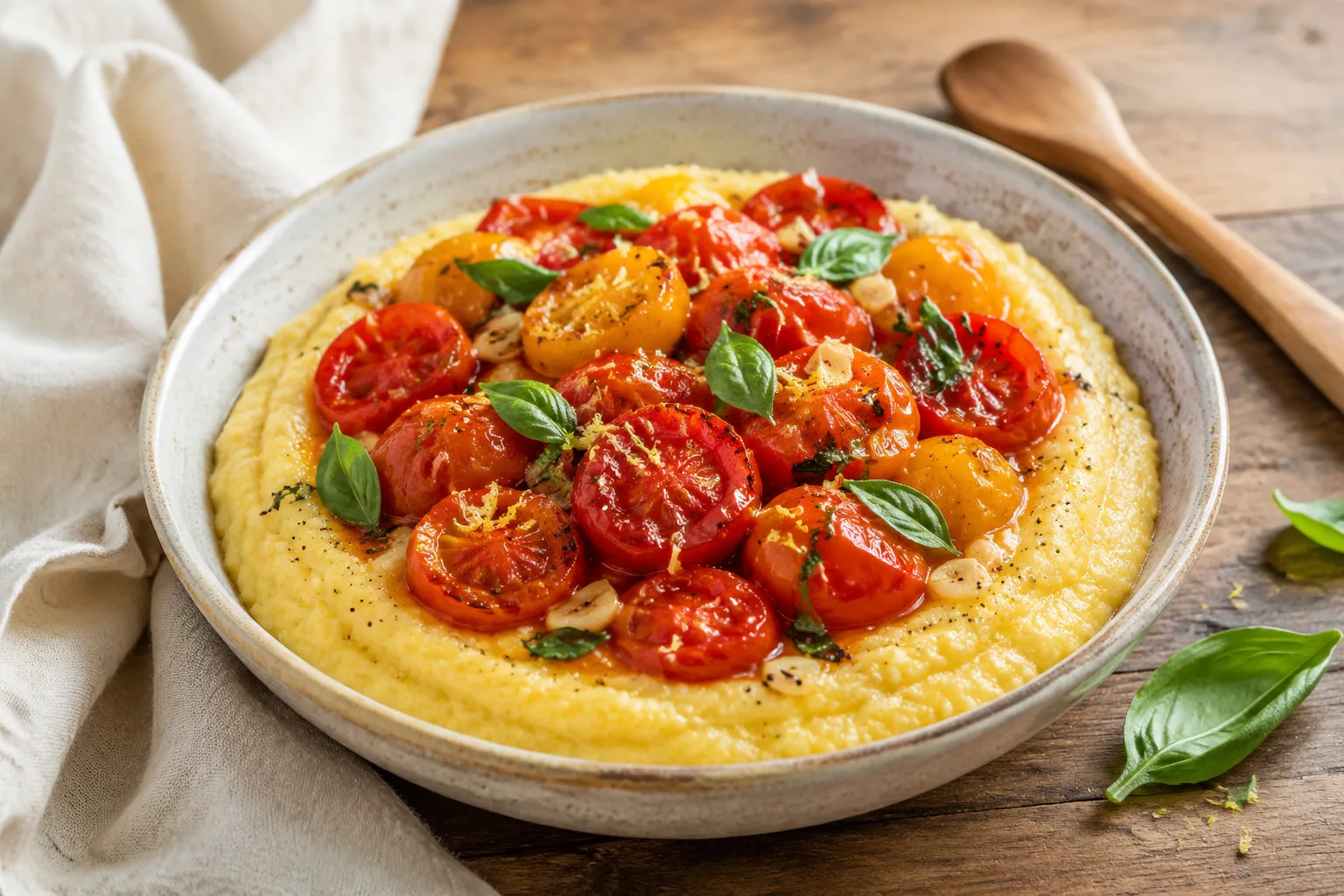 Creamy lemon polenta topped with garlicky burst cherry tomatoes and fresh basil in a shallow ceramic bowl