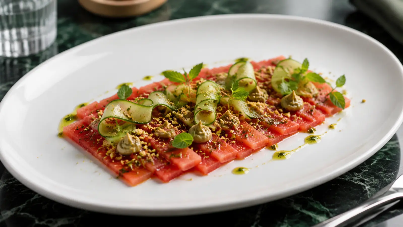 Vegan pressed watermelon carpaccio with cucumber ribbons, pistachio cream, dukkah, mint oil and fresh mint on a white fine-dining plate