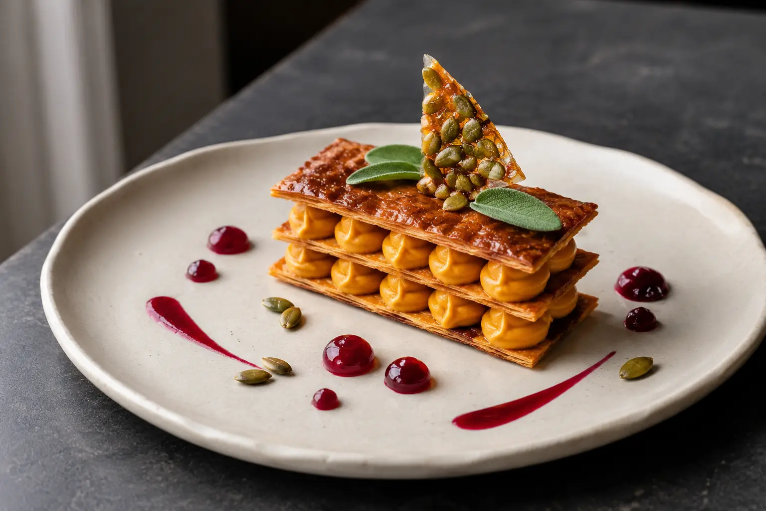 Vegan pumpkin-miso mille-feuille with cranberry verjus gel and candied pepita brittle on an ivory plate
