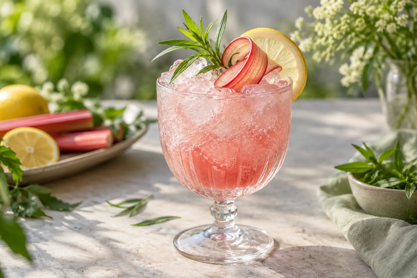 Blush-pink vegan rhubarb and tarragon cobbler with crushed ice, lemon and a curled rhubarb garnish in a footed goblet