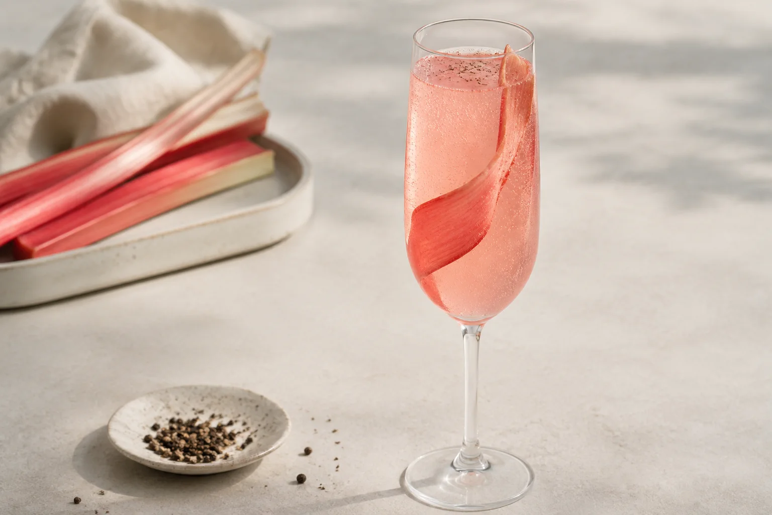 Pale coral rhubarb and black pepper alcohol-free spritz in a narrow flute with a curled rhubarb ribbon