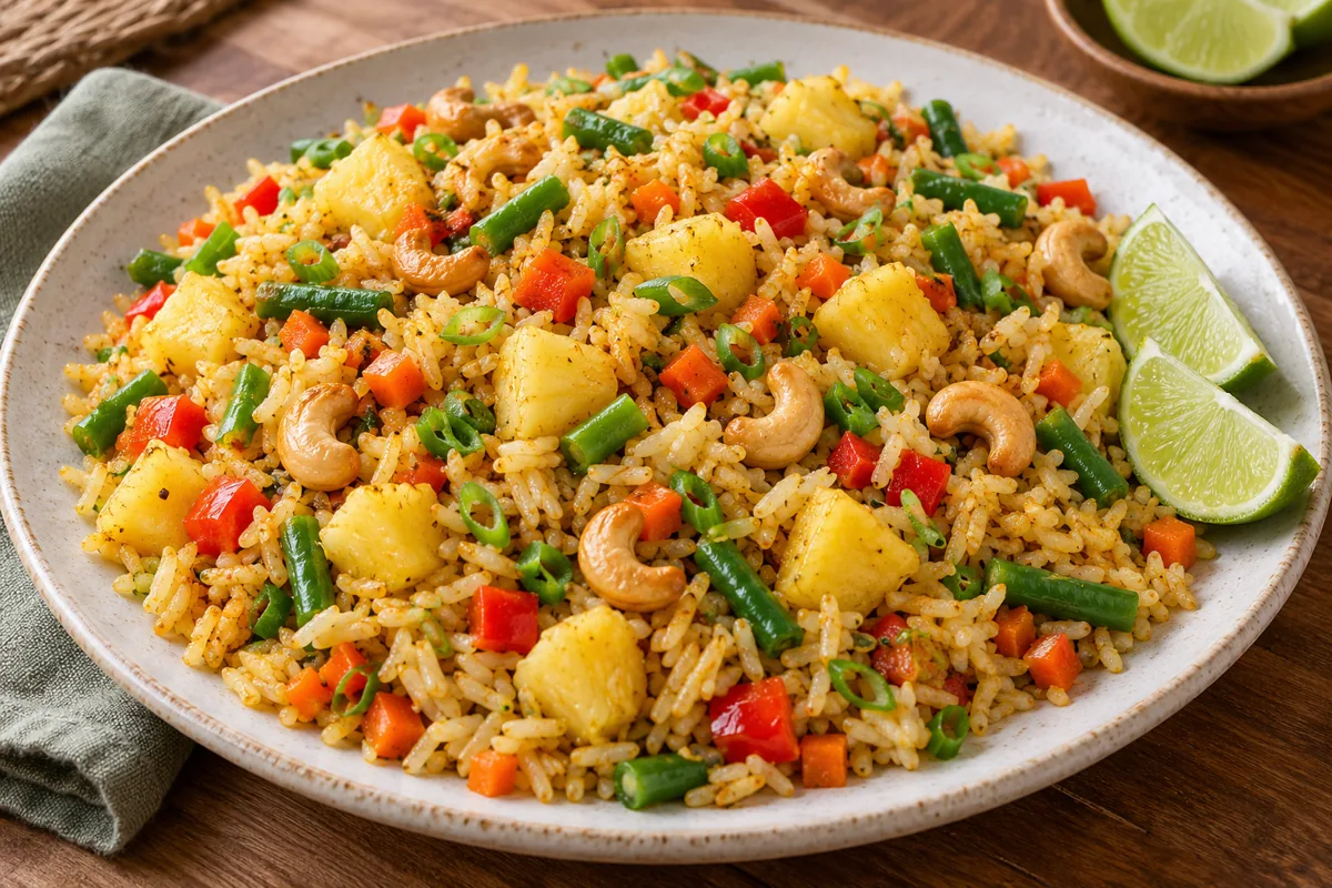 Vegan pineapple-cashew fried rice with red pepper, carrot, green beans and green onions on a cream platter with lime wedges.