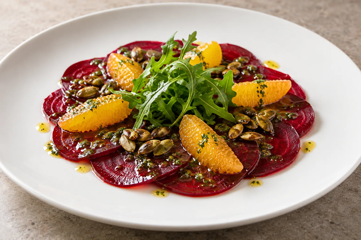 Thin ruby-red roasted beet slices arranged in a ring on a white plate with orange segments, arugula, toasted pumpkin seeds and coriander-orange dressing.