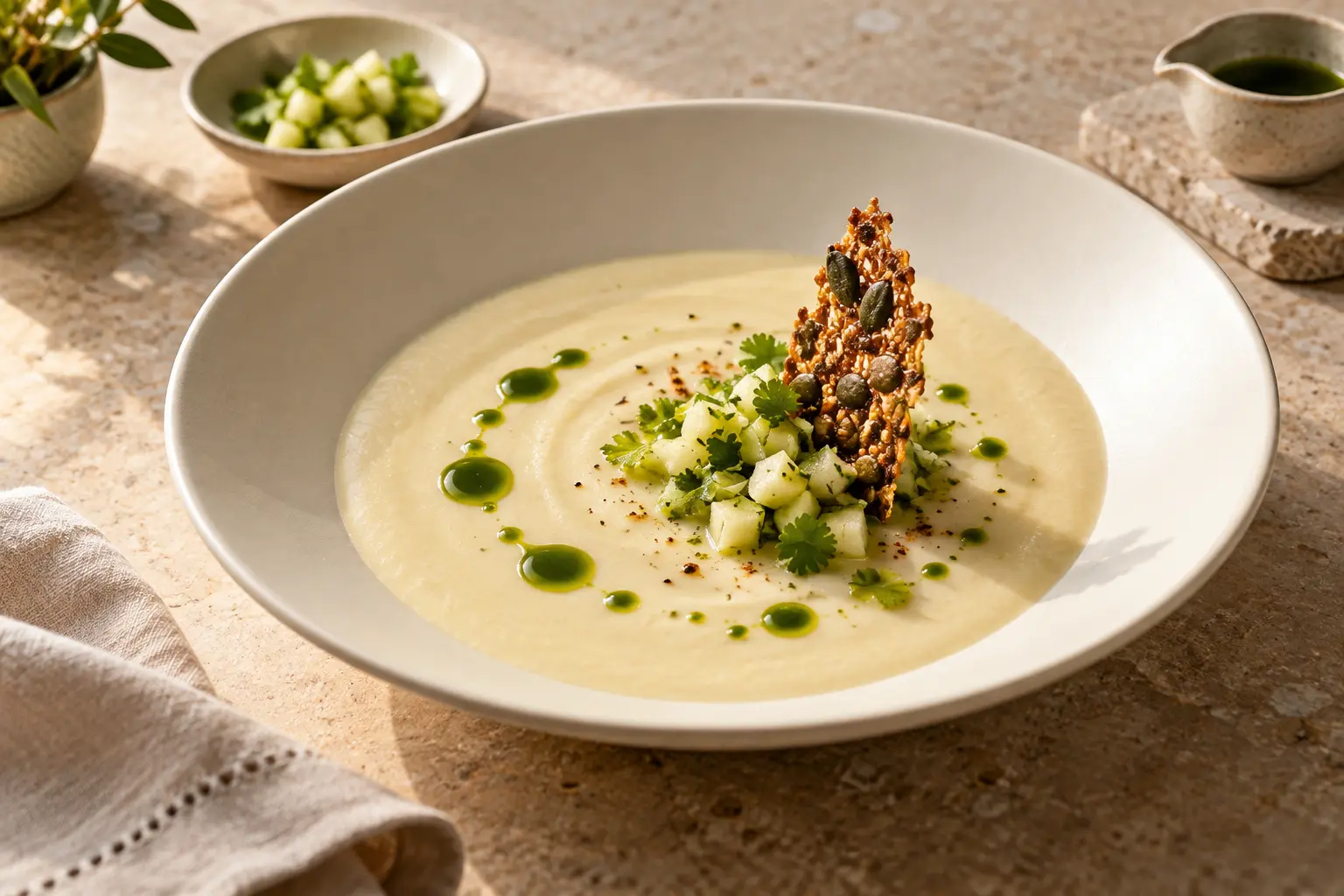 Roasted cauliflower veloute with green apple cilantro relish, curry leaf oil droplets and an upright maple pepita crisp in a wide ivory bowl