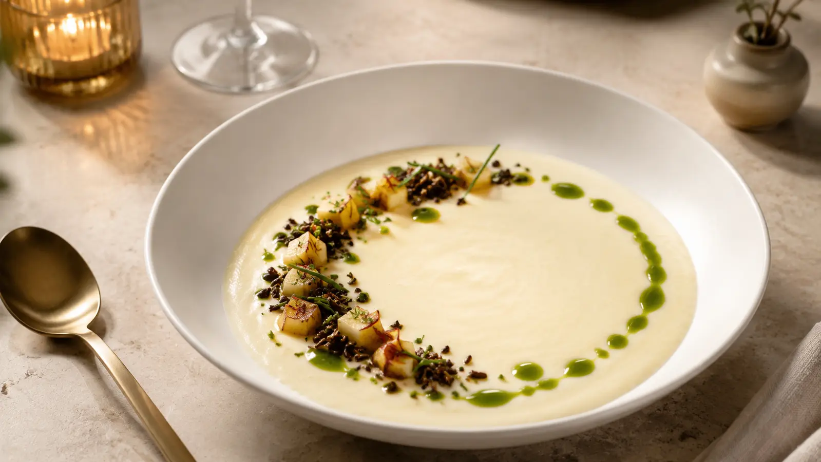 Vegan roasted cauliflower velouté with saffron apple cubes, chive oil, crisp wild rice and chive tips in a white bowl