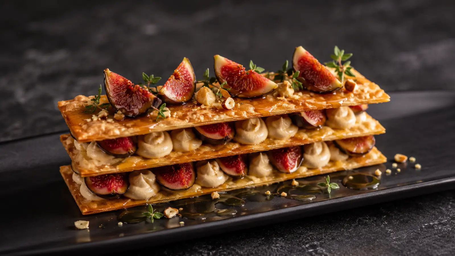 Vegan roasted fig phyllo napoleon layered with piped almond cream and finished with thyme syrup and toasted almonds