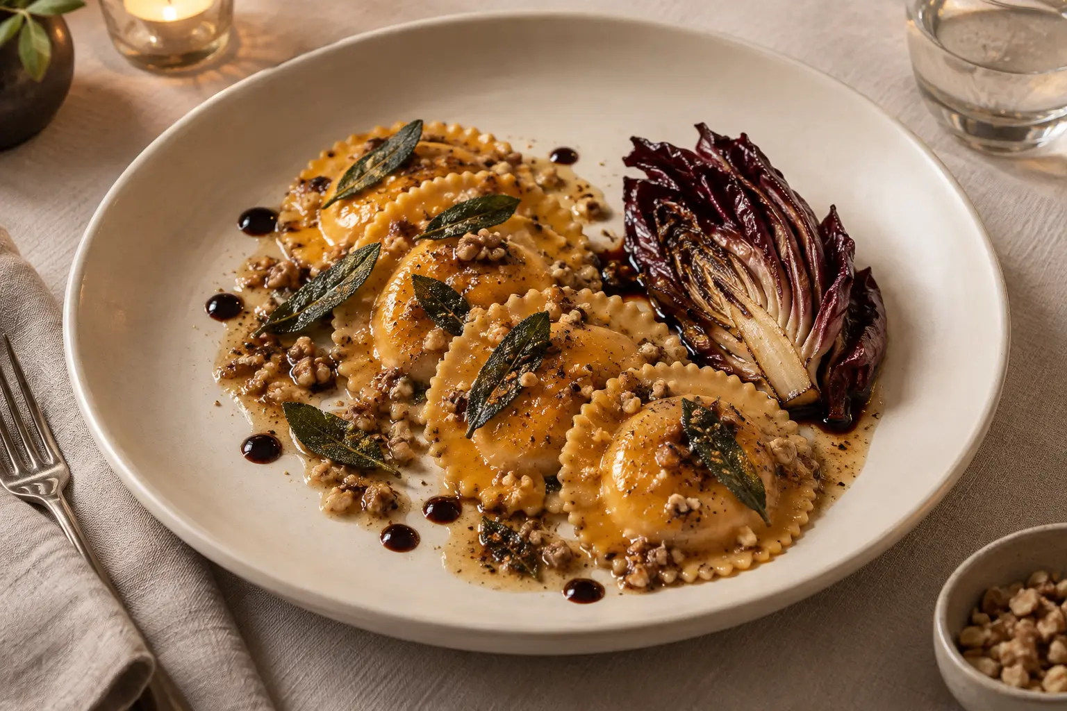 Vegan roasted kabocha ravioli with sage-walnut butter, charred radicchio and balsamic lacquer in an ivory bowl